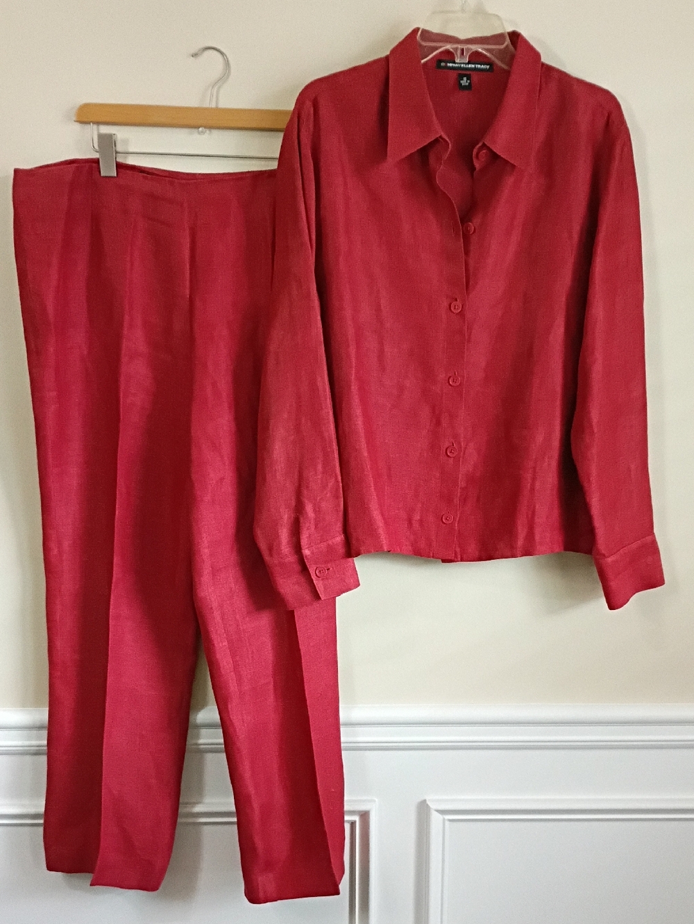 Company Ellen Tracy Cranberry Linen Button-Front Shirt & Straight Pants Set